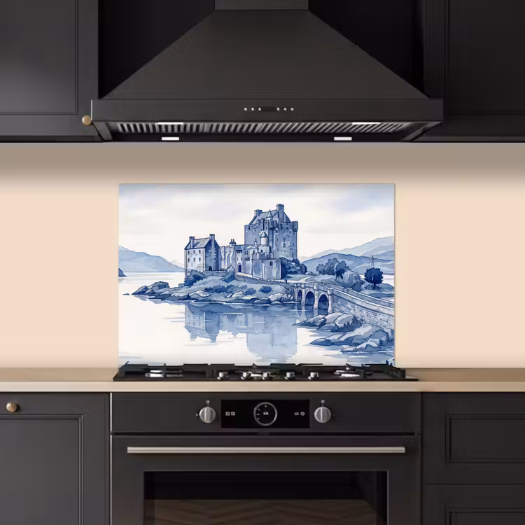 Schots - Kasteel - Blauw - Aquarel keuken achterwand spatscherm klein -sfeer1