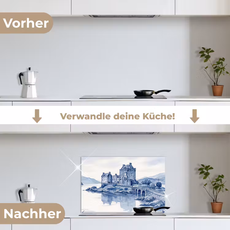 Schots - Kasteel - Blauw - Aquarel keuken achterwand spatscherm klein -voor_na_DE