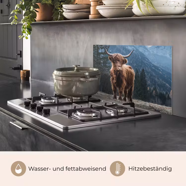 Schotse hooglander - Berg - Landschap - Bomen - Koe - Natuur keuken achterwand spatscherm klein -usp_DE