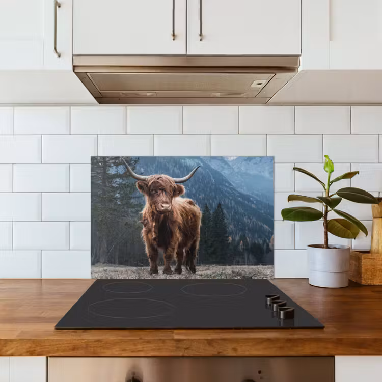 Schotse hooglander - Berg - Landschap - Bomen - Koe - Natuur keuken achterwand spatscherm klein -sfeer2