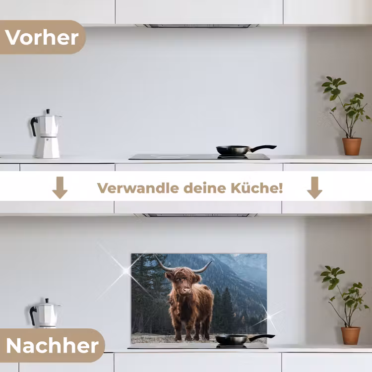 Schotse hooglander - Berg - Landschap - Bomen - Koe - Natuur keuken achterwand spatscherm klein -voor_na_DE