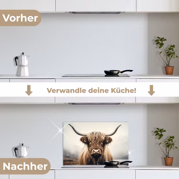 Schotse hooglander - Hoorns - Landschap keuken achterwand spatscherm klein -voor_na_DE