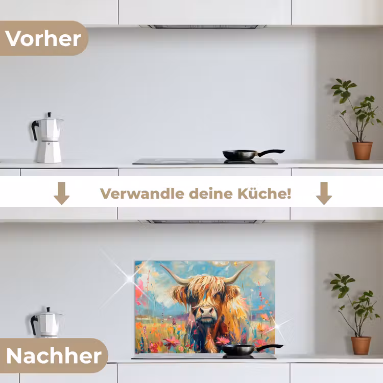 Schotse hooglander - Natuur - Kleurrijk - Bloemen keuken achterwand spatscherm klein -voor_na_DE