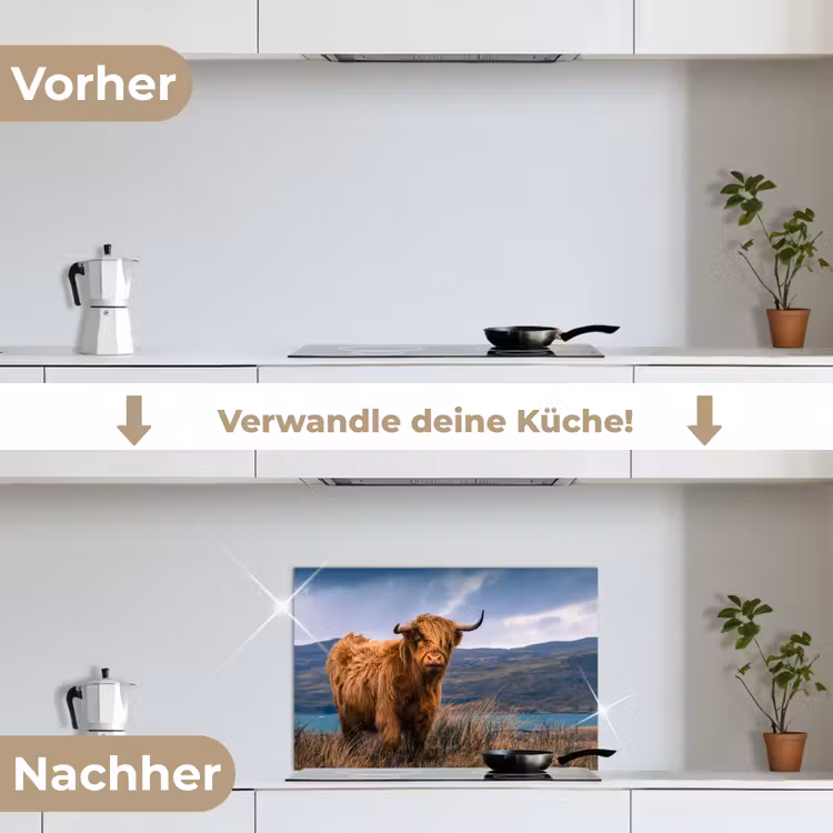 Schotse Hooglander - Berg - Water - Natuur - Koe keuken achterwand spatscherm klein -voor_na_DE