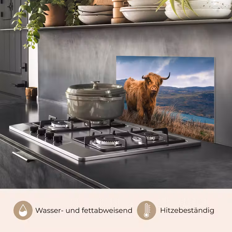 Schotse Hooglander - Berg - Water - Natuur - Koe keuken achterwand spatscherm klein -usp_DE