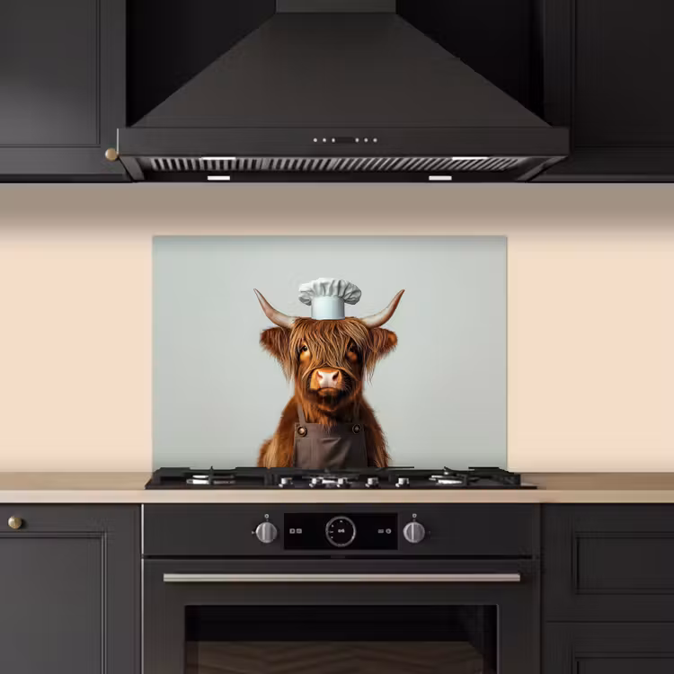 Schotse Hooglander - Bruin - Hoorns - Kokskleding keuken achterwand spatscherm klein -sfeer1