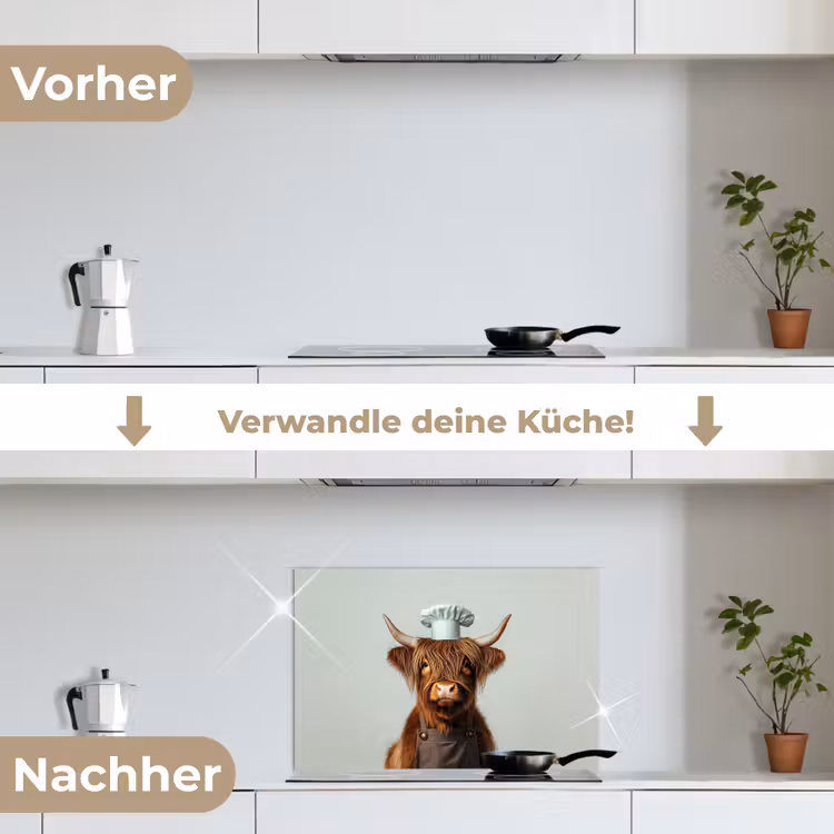 Schotse Hooglander - Bruin - Hoorns - Kokskleding keuken achterwand spatscherm klein -voor_na_DE