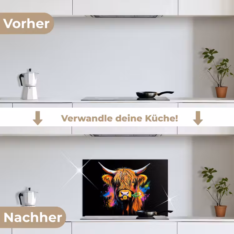 Schotse Hooglander - Graffiti - Kleurrijk - Bloem - Dieren keuken achterwand spatscherm klein -voor_na_DE