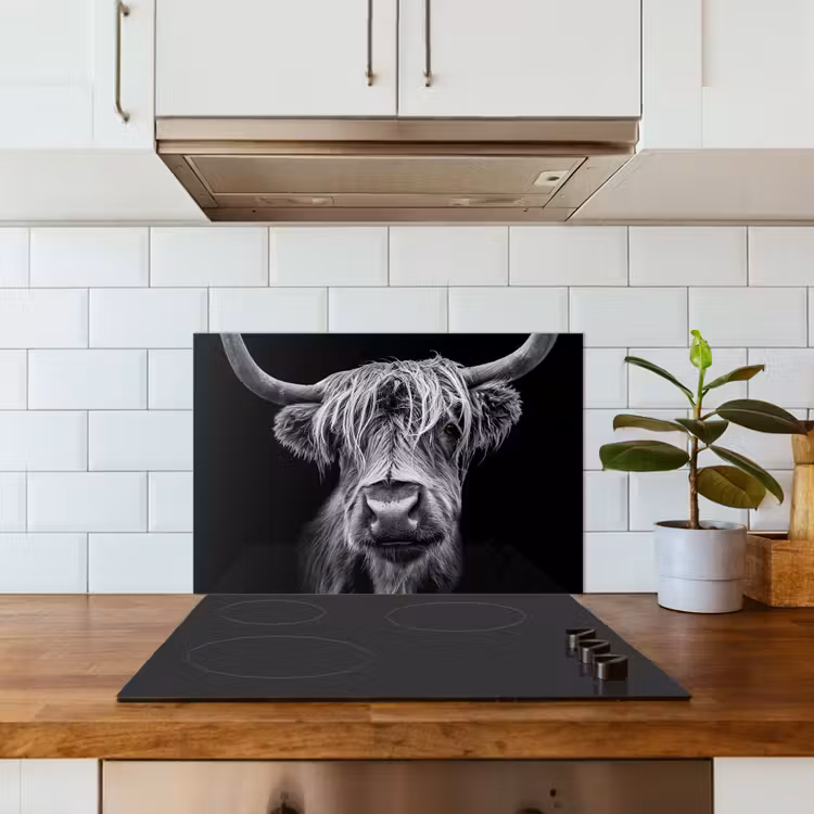 Schotse Hooglander - Horens - Zwart - Wit - Koe - Wild - Dieren keuken achterwand spatscherm klein -sfeer2