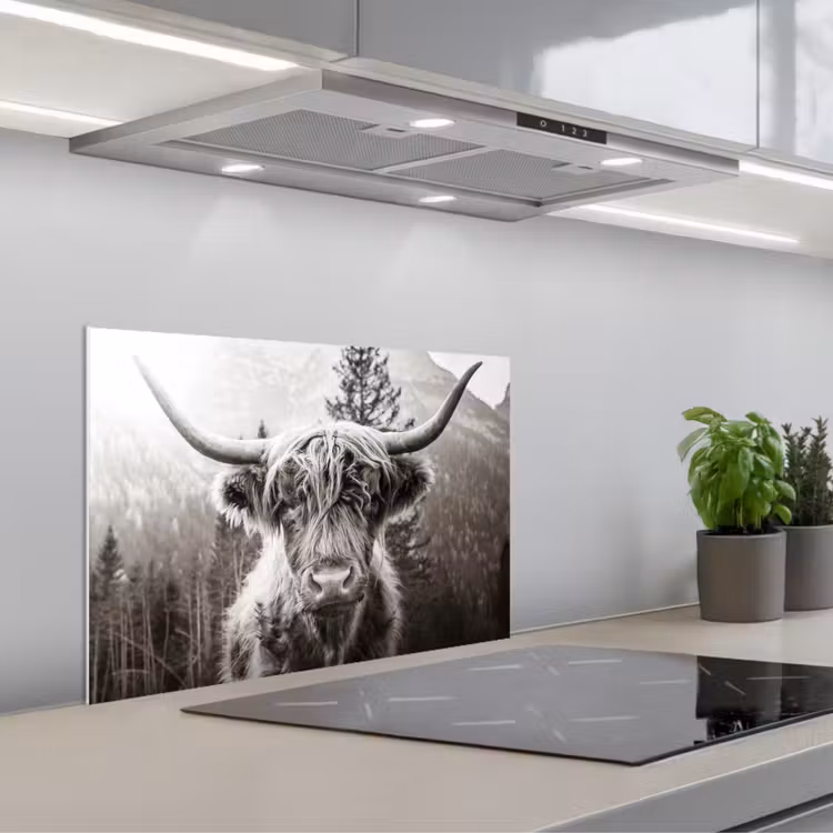 Schotse hooglander - Koe - Dieren - Zwart - Wit keuken achterwand spatscherm klein -3d_schuin
