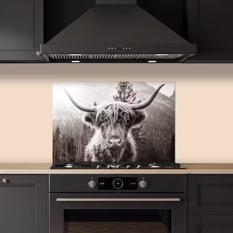 Schotse hooglander - Koe - Dieren - Zwart - Wit keuken achterwand spatscherm klein -sfeer1