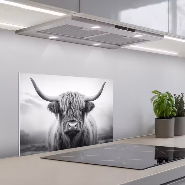 Schotse hooglander - Mist - Zwart - Wit keuken achterwand spatscherm klein -3d_schuin