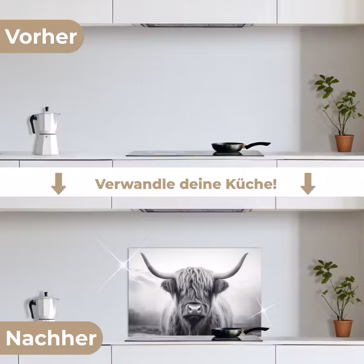 Schotse hooglander - Mist - Zwart - Wit keuken achterwand spatscherm klein -voor_na_DE