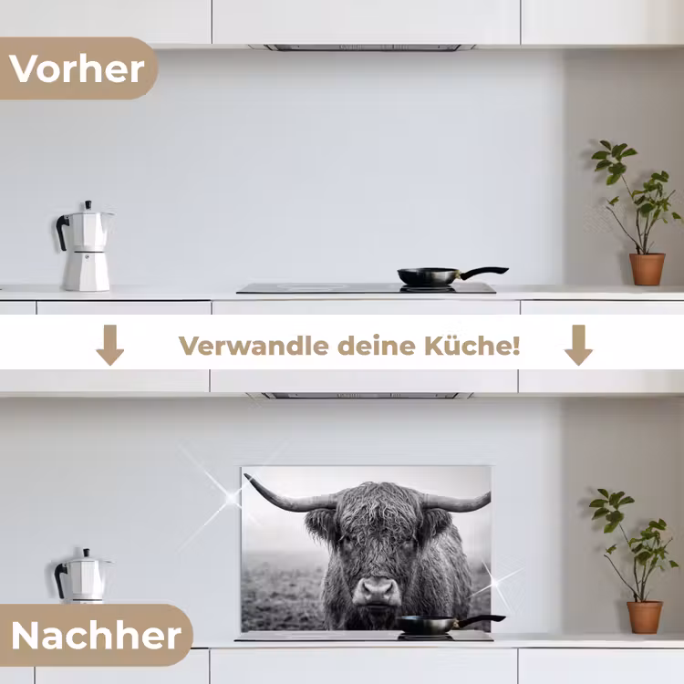 Schotse hooglander - Zwart - Wit - Gras keuken achterwand spatscherm klein -voor_na_DE