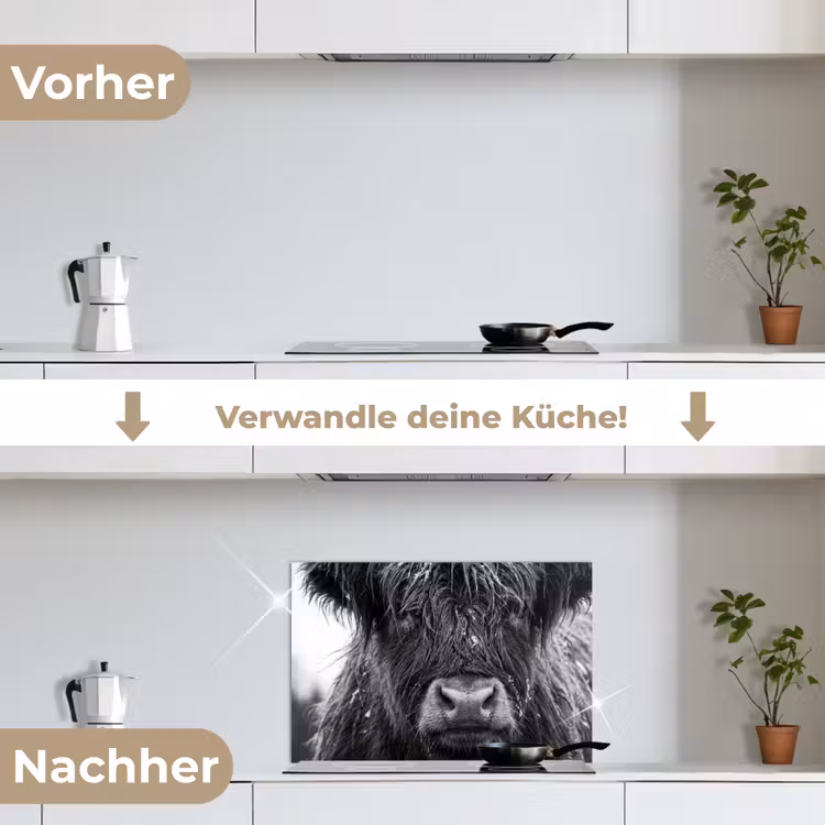 Schotse hooglander - Zwart - Wit - Sneeuwvlokken keuken achterwand spatscherm klein -voor_na_DE