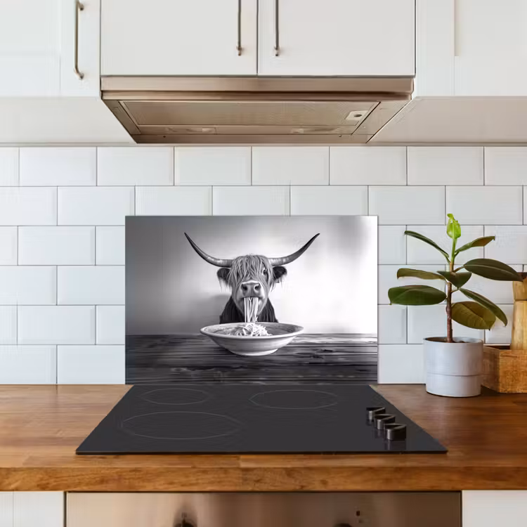 Schotse Hooglander - Spaghetti - Dieren - Zwart wit keuken achterwand spatscherm klein -sfeer2