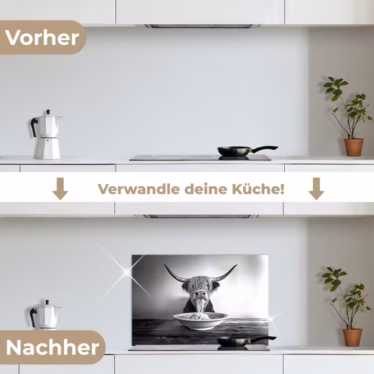 Schotse Hooglander - Spaghetti - Dieren - Zwart wit keuken achterwand spatscherm klein -voor_na_DE