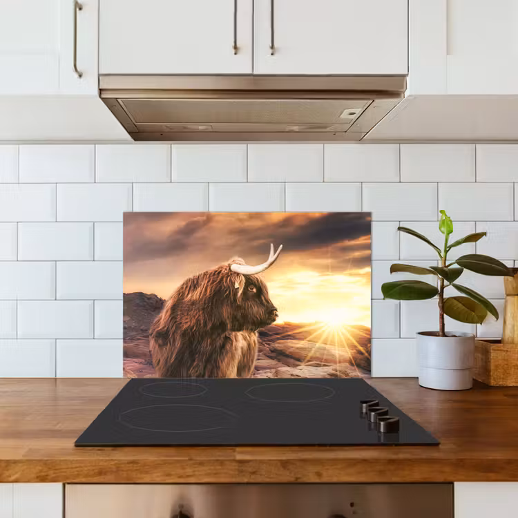 Schotse hooglander - Zon - Horizon - Koe - Dieren keuken achterwand spatscherm klein -sfeer2