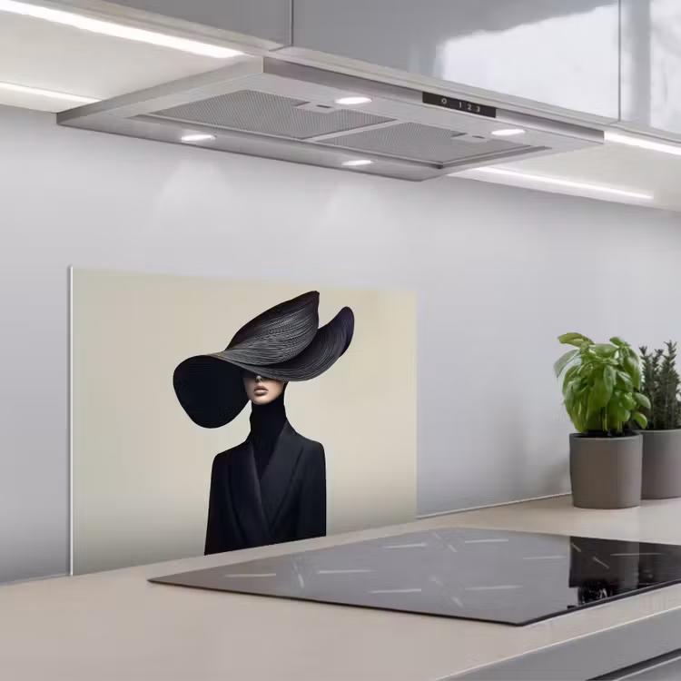 Zwart - Vrouw - Hoed keuken achterwand spatscherm klein -3d_schuin