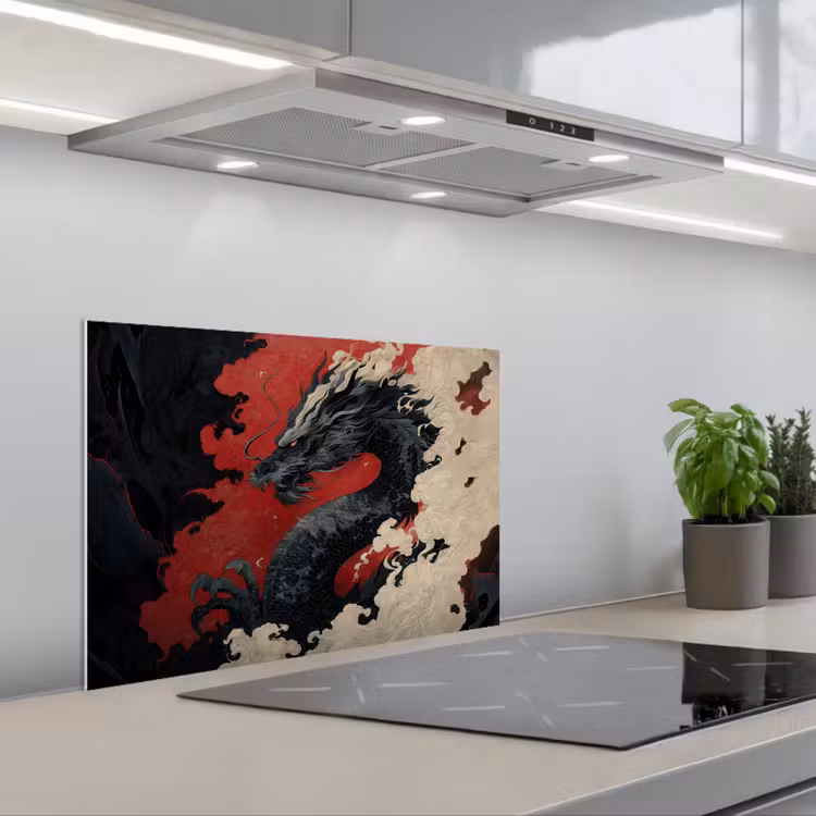 Zwarte draak - Rookwolken - Rood keuken achterwand spatscherm klein -3d_schuin