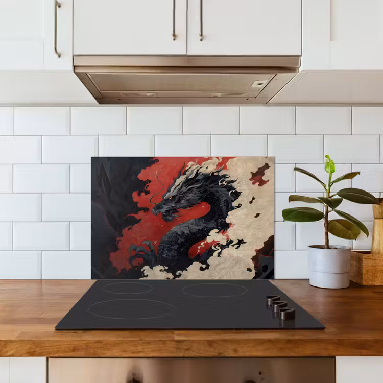 Zwarte draak - Rookwolken - Rood keuken achterwand spatscherm klein -sfeer2