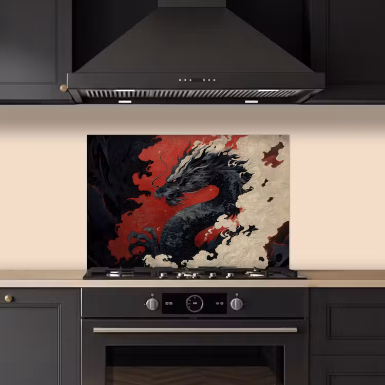 Zwarte draak - Rookwolken - Rood keuken achterwand spatscherm klein -sfeer1