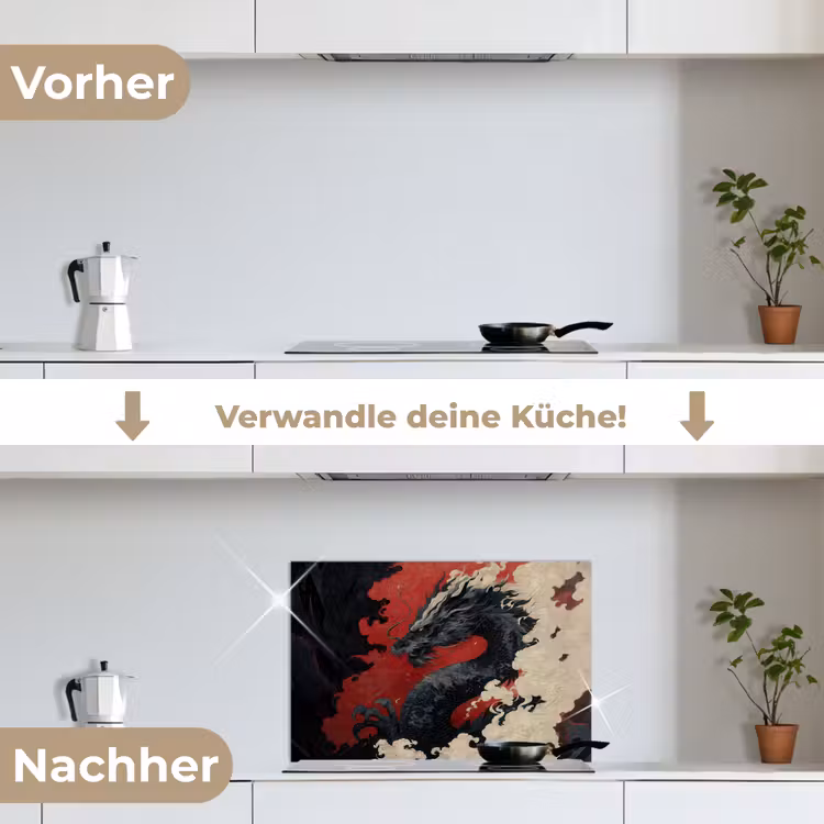 Zwarte draak - Rookwolken - Rood keuken achterwand spatscherm klein -voor_na_DE