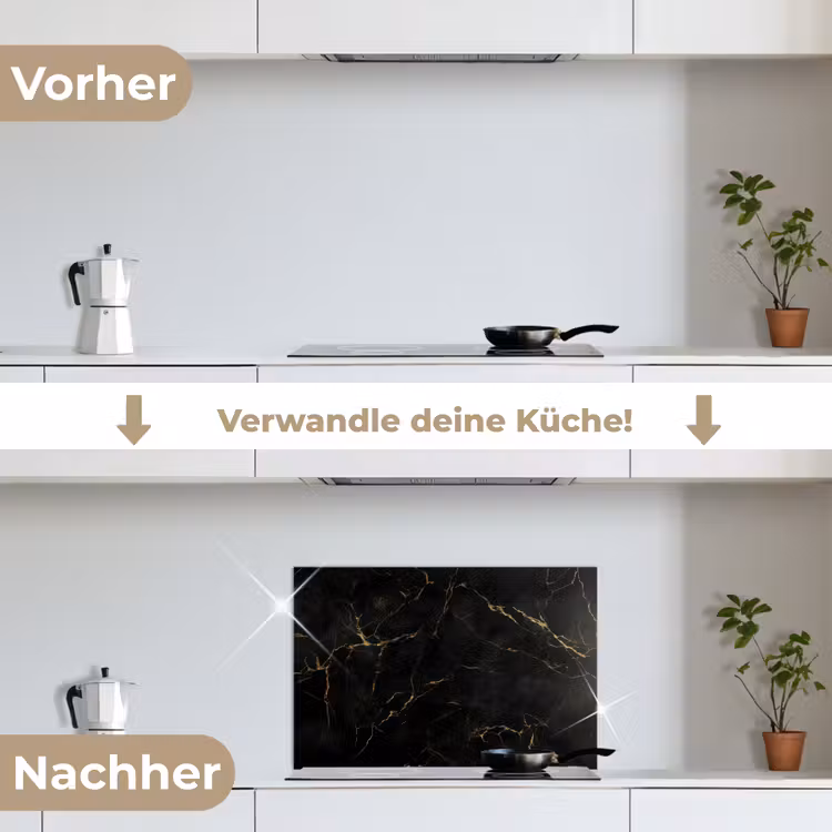 Zwart marmer - Gouden aders - Klassiek keuken achterwand spatscherm klein -voor_na_DE