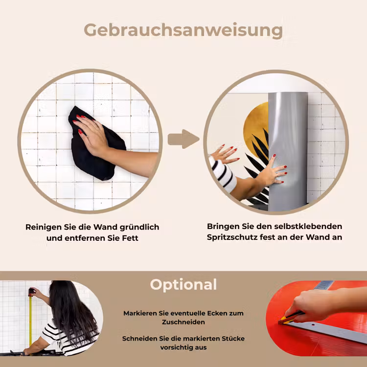 Zwart palmblad - Gouden cirkel - Beige achtergrond keuken achterwand spatscherm klein -gebruiksaanwijzing_DE