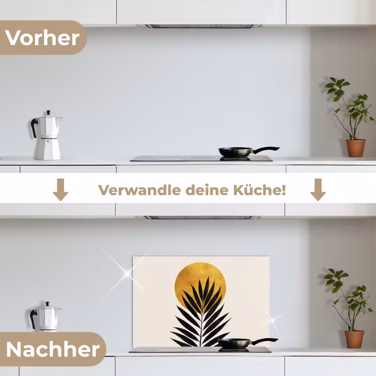 Zwart palmblad - Gouden cirkel - Beige achtergrond keuken achterwand spatscherm klein -voor_na_DE