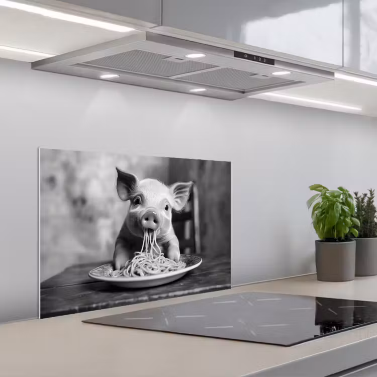 Varken - Schattig - Spaghetti - Zwart wit - Dier keuken achterwand spatscherm klein -3d_schuin
