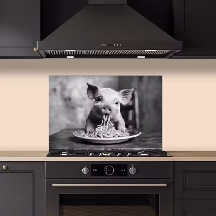 Varken - Schattig - Spaghetti - Zwart wit - Dier keuken achterwand spatscherm klein -sfeer1