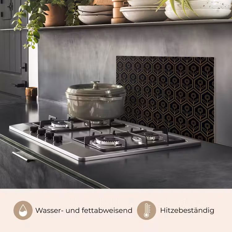 Zeshoek - Zwart - Goud - Bloem keuken achterwand spatscherm klein 900 -usp_DE