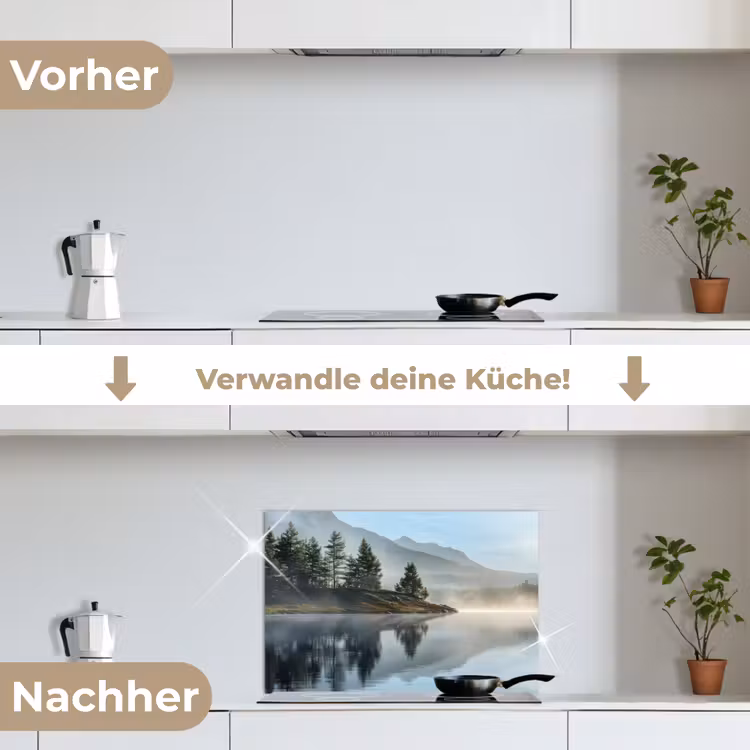 Meer - Mist - Bergen - Landschap keuken achterwand spatscherm klein -voor_na_DE