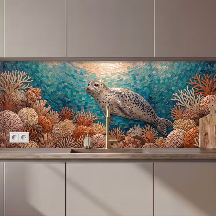 Zeehond - Mozaïek - Onderwater - Dieren - Blauw keuken achterwand 2 middel zz_3dshopping