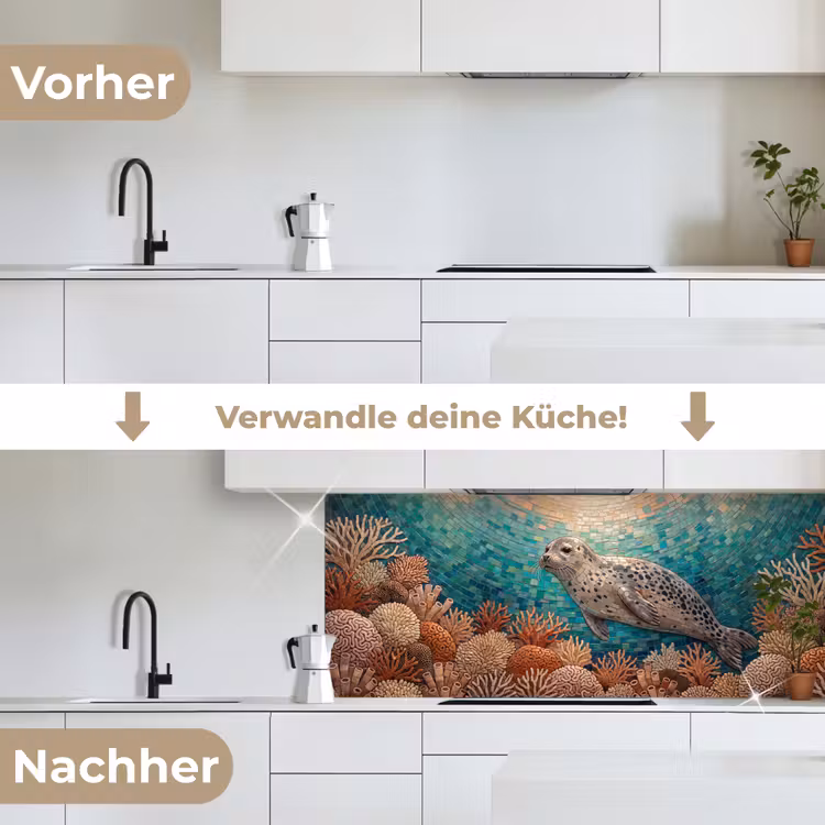 Zeehond - Mozaïek - Onderwater - Dieren - Blauw keuken achterwand 2 middel -voor-na_DE