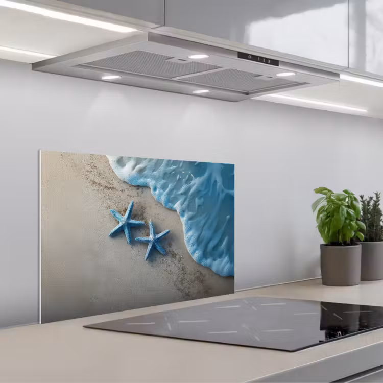 Zeesterren - Zand - Zee - Blauw keuken achterwand spatscherm klein -3d_schuin