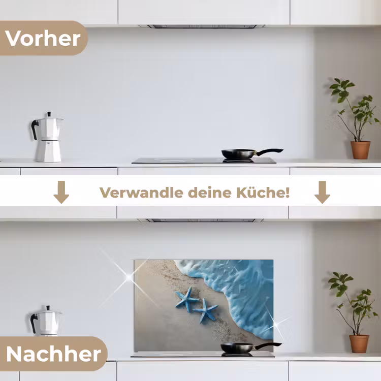 Zeesterren - Zand - Zee - Blauw keuken achterwand spatscherm klein -voor_na_DE