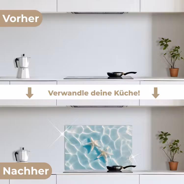 Zeesterren - Golvend water - Rustgevend keuken achterwand spatscherm klein -voor_na_DE