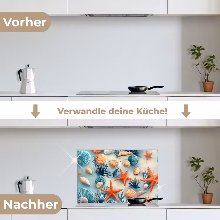 Zeesterren - Schelpen - Illustratie - Zand keuken achterwand spatscherm klein -voor_na_DE