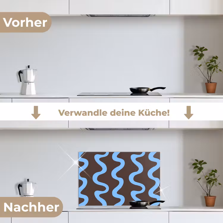 Kronkelende lijnen - Blauw - Bruin - Minimalistisch keuken achterwand spatscherm klein 900 -voor_na_DE
