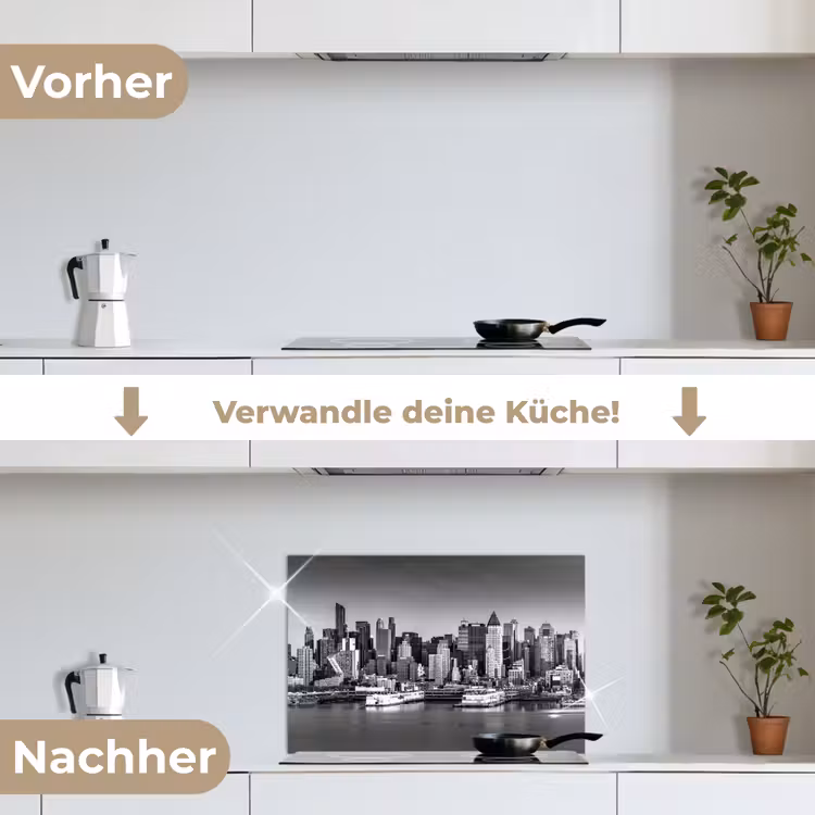 Skyline - Stad - Wolkenkrabbers - Zwart - Wit keuken achterwand spatscherm klein -voor_na_DE