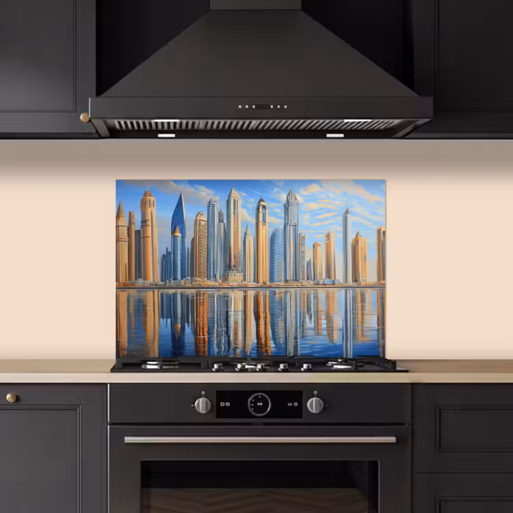 Skyline - Wolkenkrabbers - Water - Blauw keuken achterwand spatscherm klein -sfeer1