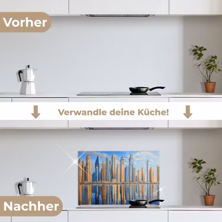Skyline - Wolkenkrabbers - Water - Blauw keuken achterwand spatscherm klein -voor_na_DE
