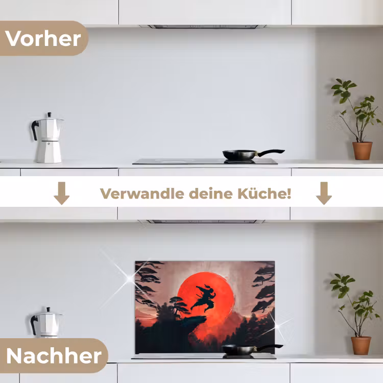 Zon - Krijger - Bomen - Bergen keuken achterwand spatscherm klein -voor_na_DE