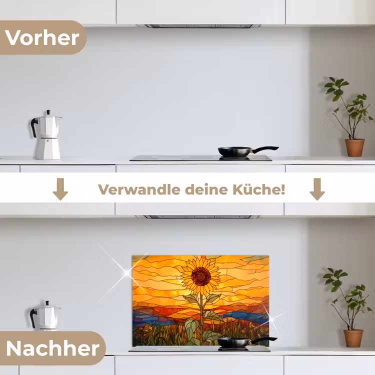 Zonnebloem - Mozaïek - Zonsondergang - Geel keuken achterwand spatscherm klein -voor_na_DE