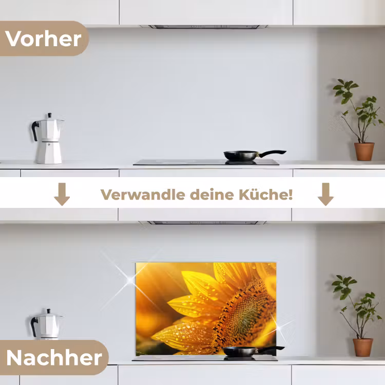 Zonnebloem - Dauwdruppels - Geel - Zonlicht keuken achterwand spatscherm klein -voor_na_DE