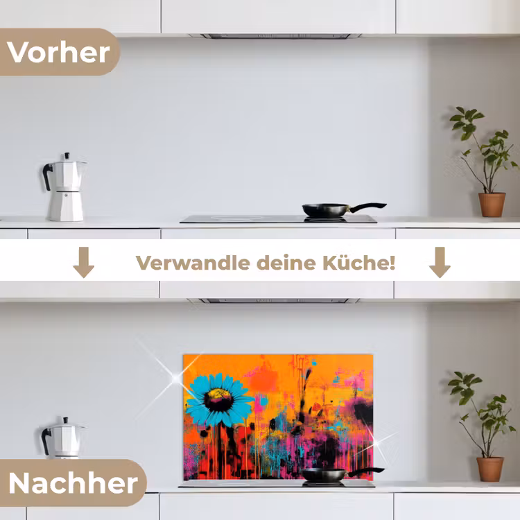Zonnebloemen - Abstract - Oranje keuken achterwand spatscherm klein -voor_na_DE