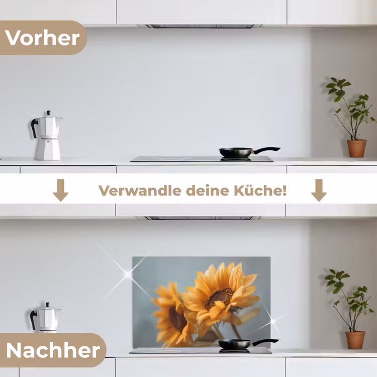 Zonnebloemen - Geel - Wazig keuken achterwand spatscherm klein -voor_na_DE