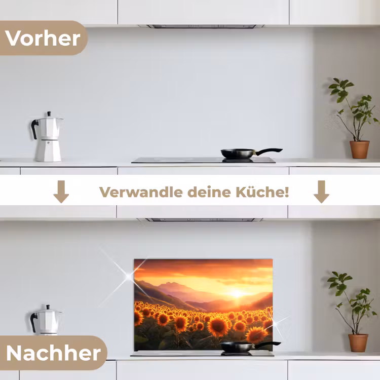 Zonnebloemen - Zonsondergang - Landschap keuken achterwand spatscherm klein -voor_na_DE